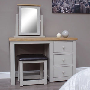 HOMESTYLE GB Diamond Grey Painted Dressing Table w/ Lacquered Oak Top & Stool - White Tree Furniture