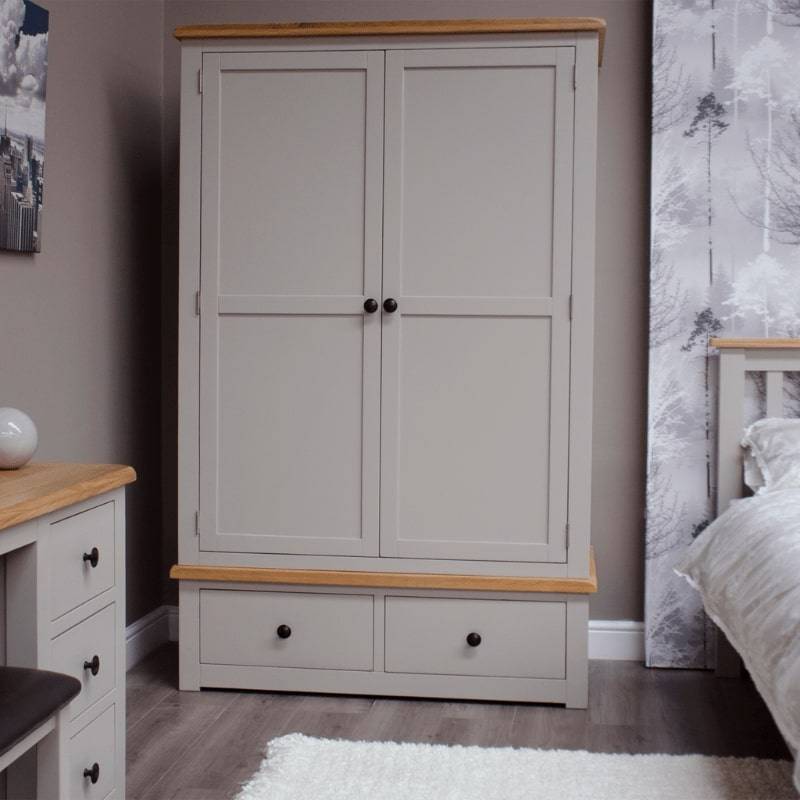 HOMESTYLE GB Grey Painted Double Gents Wardrobe with Lacquered Oak Top - White Tree Furniture