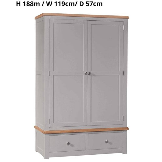 HOMESTYLE GB Grey Painted Double Gents Wardrobe with Lacquered Oak Top - White Tree Furniture