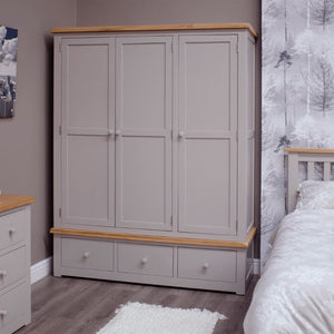 HOMESTYLE GB Grey Painted Triple Wardrobe with Lacquered Oak Top - White Tree Furniture