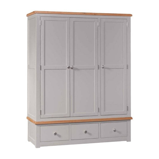 HOMESTYLE GB Grey Painted Triple Wardrobe with Lacquered Oak Top - White Tree Furniture