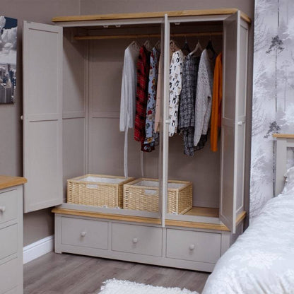 HOMESTYLE GB Grey Painted Triple Wardrobe with Lacquered Oak Top - White Tree Furniture