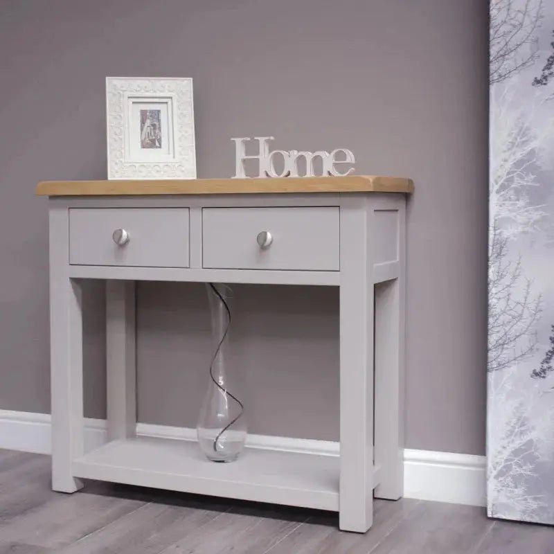 HOMESTYLE GB Grey Painted Hall Table with Lacquered Oak Top - White Tree Furniture