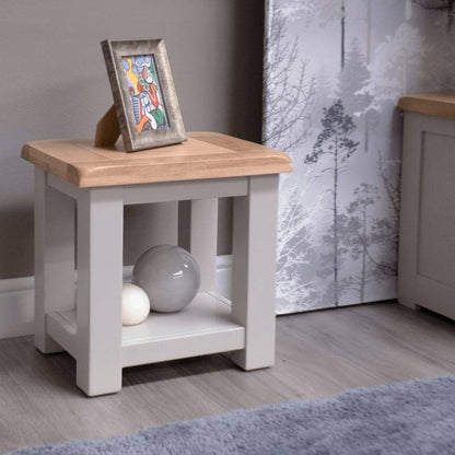 HOMESTYLE GB Grey Painted Lamp Table with Lacquered Oak Top - White Tree Furniture