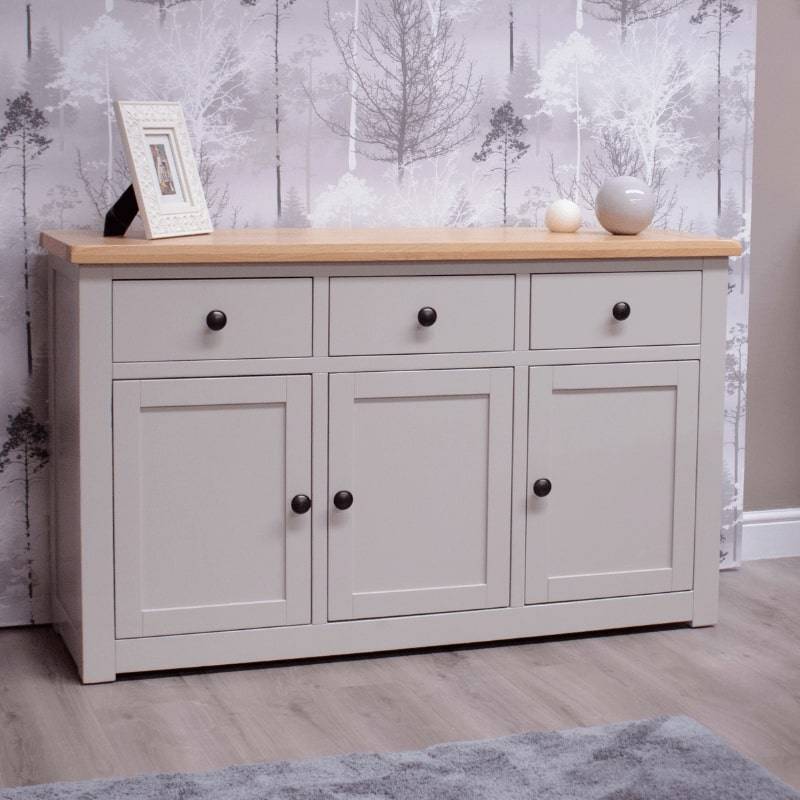 HOMESTYLE GB Grey Large Sideboard with Lacquered Oak Top - White Tree Furniture