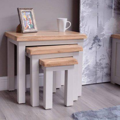 HOMESTYLE GB Grey Painted Nest of Tables with Lacqured Oak Top - White Tree Furniture