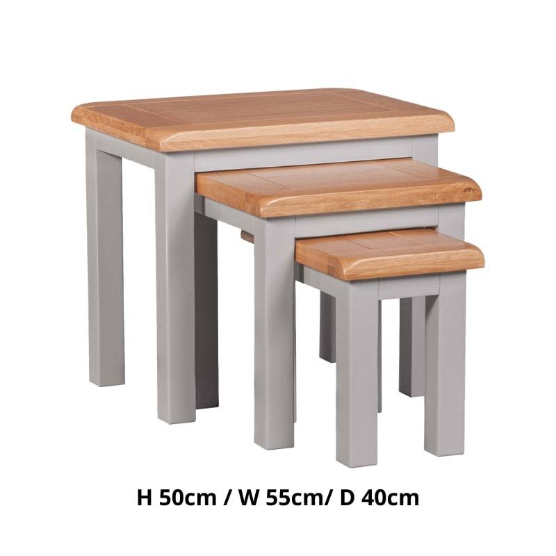 HOMESTYLE GB Grey Painted Nest of Tables with Lacqured Oak Top - White Tree Furniture