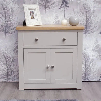 HOMESTYLE GB Grey Painted Small Cupboard with Lacquered Oak Top - White Tree Furniture