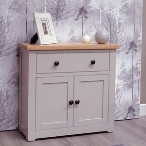 HOMESTYLE GB Grey Painted Small Cupboard with Lacquered Oak Top - White Tree Furniture