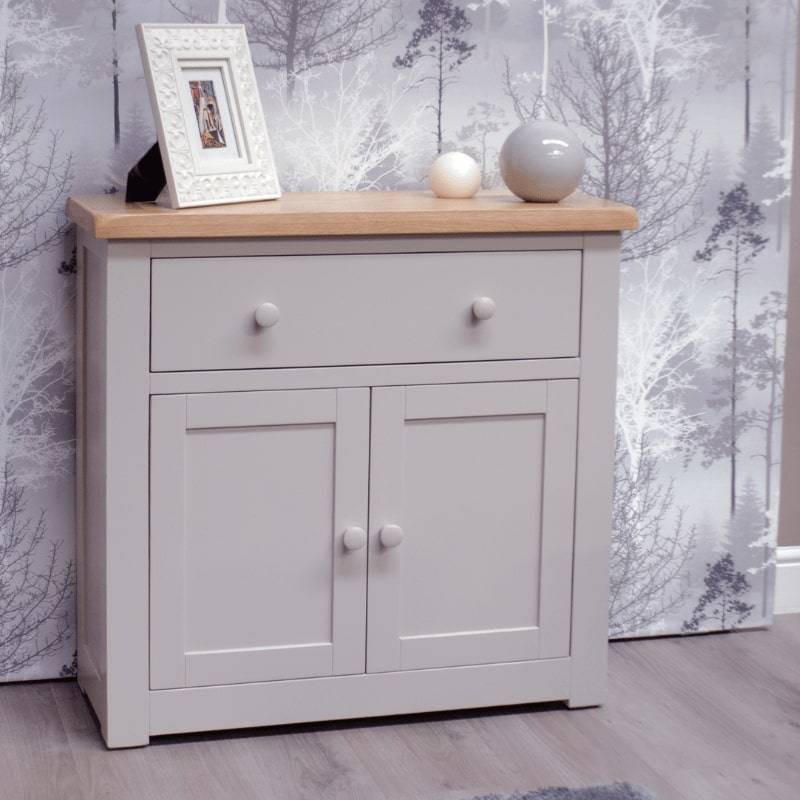 HOMESTYLE GB Grey Painted Small Cupboard with Lacquered Oak Top - White Tree Furniture