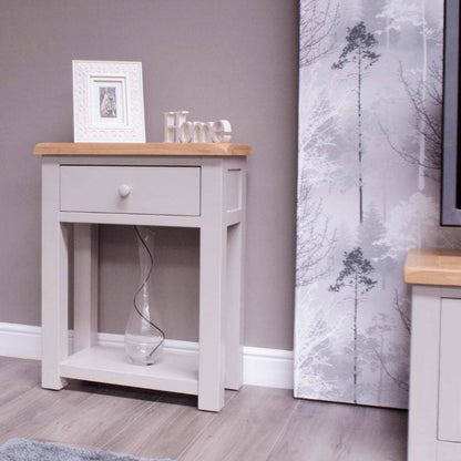 HOMESTYLE GB Grey Painted Small Hall Table with Lacquered Oak Top - White Tree Furniture