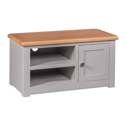 Grey Painted 90cm TV Cabinet w/ Lacquered Oak Top - White Tree Furniture