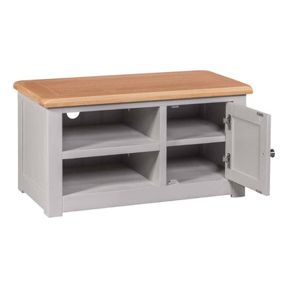 Grey Painted 90cm TV Cabinet w/ Lacquered Oak Top - White Tree Furniture