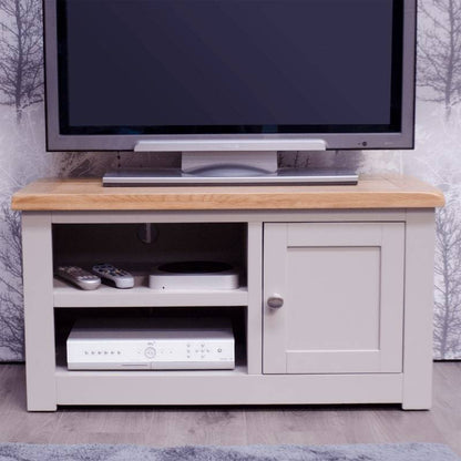 Grey Painted 90cm TV Cabinet w/ Lacquered Oak Top - White Tree Furniture