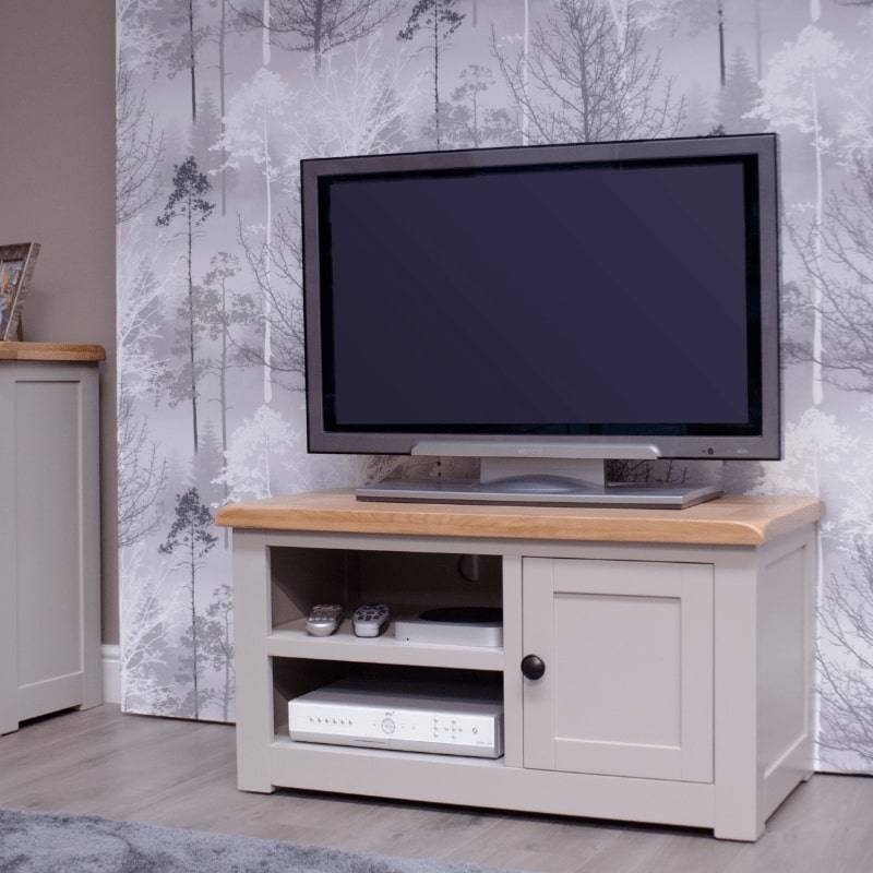 Grey Painted 90cm TV Cabinet w/ Lacquered Oak Top - White Tree Furniture