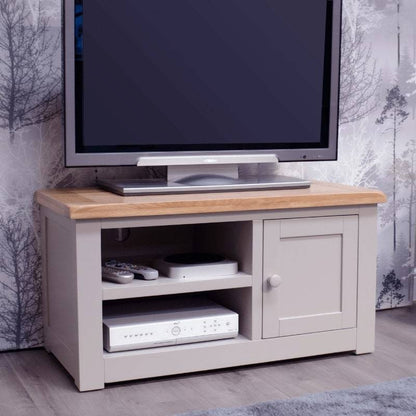 Grey Painted 90cm TV Cabinet w/ Lacquered Oak Top - White Tree Furniture