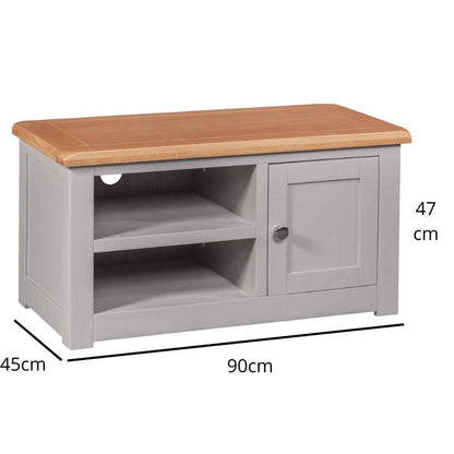 Grey Painted 90cm TV Cabinet w/ Lacquered Oak Top - White Tree Furniture