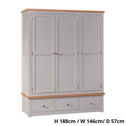 HOMESTYLE GB Grey Painted Triple Wardrobe with Lacquered Oak Top - White Tree Furniture