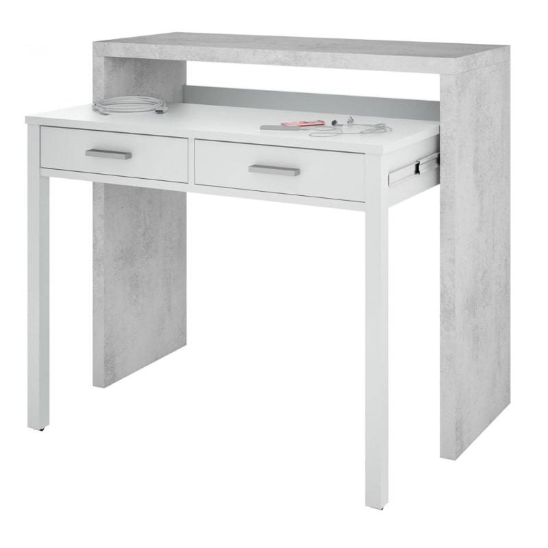 Epping Pull Out Desk in Matt Gloss White & Concrete - White Tree Furniture