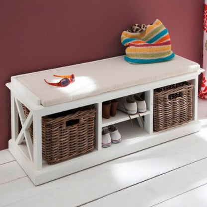 NOVASOLO Halifax White Painted Shoe Storage Bench with Basket Set  BE001 - White Tree Furniture