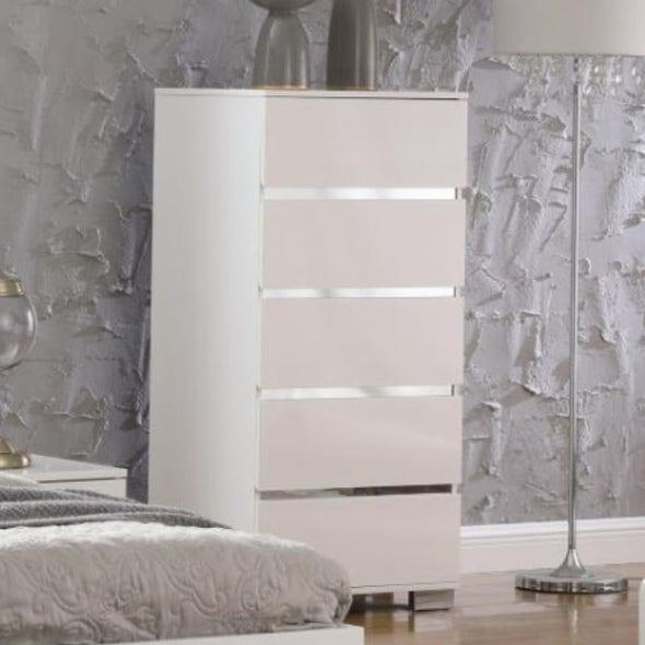 Helsinki 5 Drawer Narrow Chest in High Gloss White - White Tree Furniture