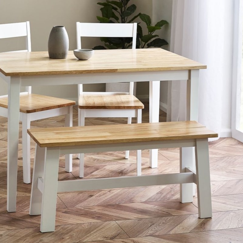 JULIAN BOWEN LINWOOD Small Dining Bench in white frame with natural oak effect seat. Compact and durable, ideal for kitchen or dining spaces.