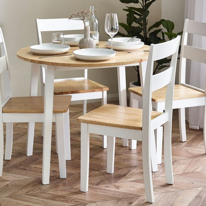 Discover the Small Round Dropleaf Table in White & Natural Oak Effect w/ extendable top in oak effect & white legs. Enhance your dining experience w/ versatile elegance.