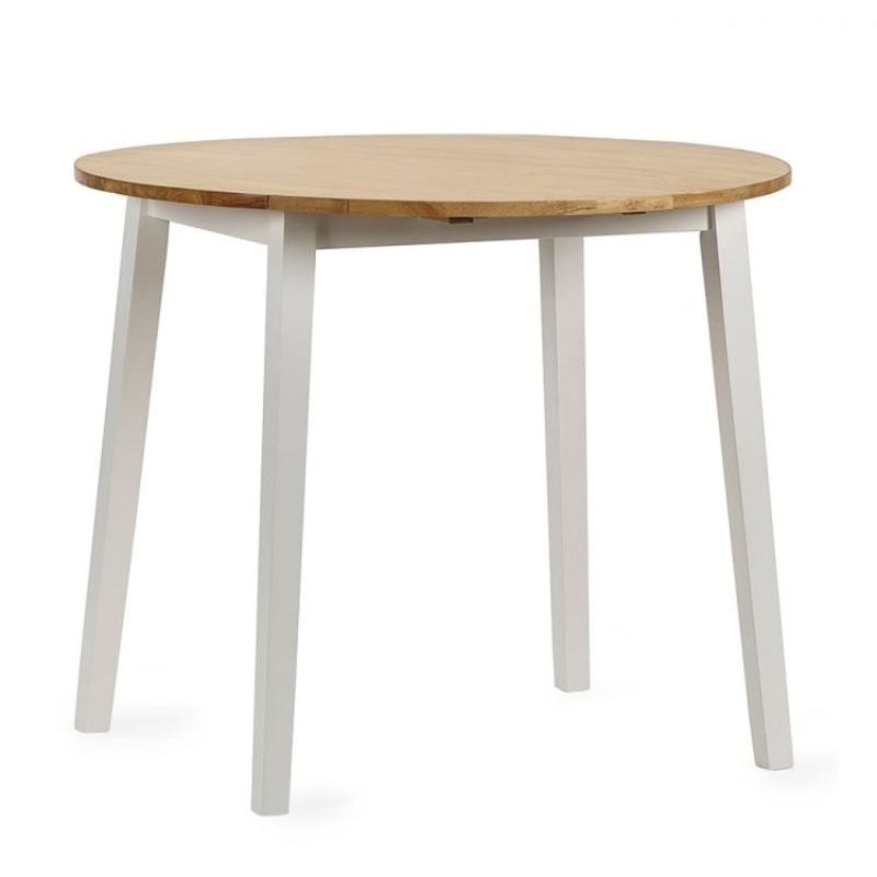 Discover the Small Round Dropleaf Table in White & Natural Oak Effect w/ extendable top in oak effect & white legs. Enhance your dining experience w/ versatile elegance.