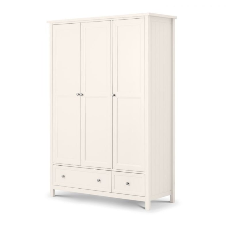 Julian Bowen Maine 3 Door Wardrobe in Surf White with 2 drawers, featuring a classic white painted finish and ample storage for bedroom organization.