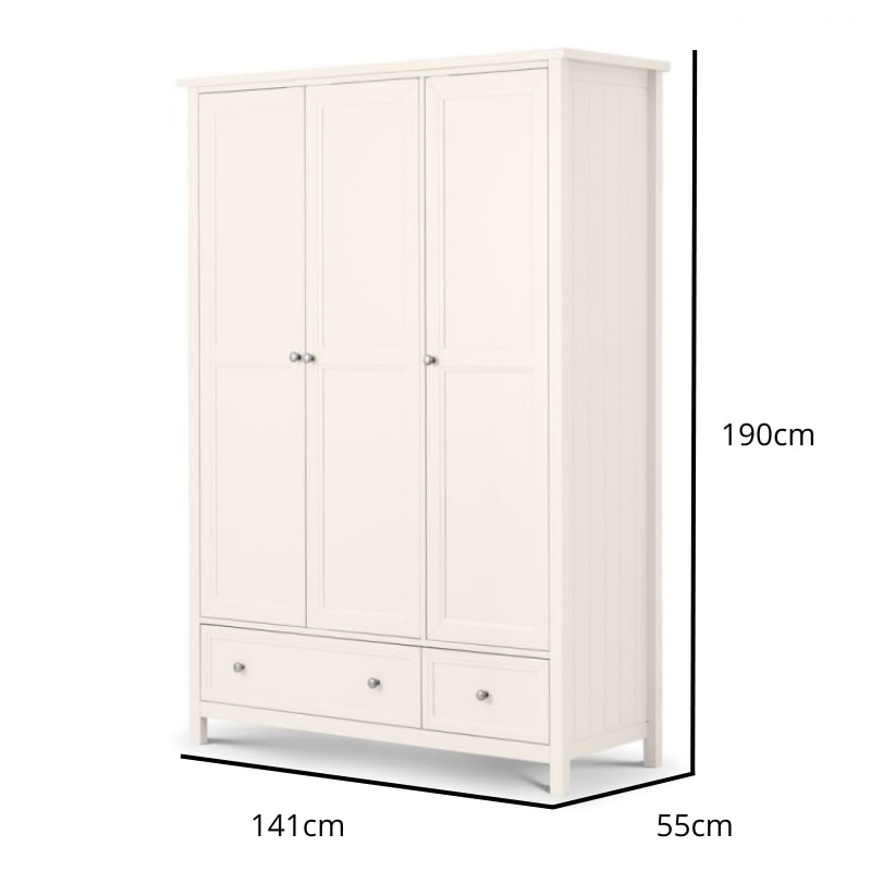 Julian Bowen Maine 3 Door Wardrobe in Surf White with 2 drawers, featuring a classic white painted finish and ample storage for bedroom organization.