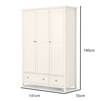 Julian Bowen Maine 3 Door Wardrobe in Surf White with 2 drawers, featuring a classic white painted finish and ample storage for bedroom organization.