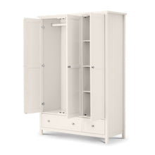 Julian Bowen Maine 3 Door Wardrobe in Surf White with 2 drawers, featuring a classic white painted finish and ample storage for bedroom organization.