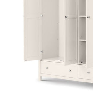 Julian Bowen Maine 3 Door Wardrobe in Surf White with 2 drawers, featuring a classic white painted finish and ample storage for bedroom organization.