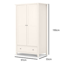 JULIAN BOWEN MAINE Surf White Wardrobe with 2 doors and 1 drawer, featuring a surf white lacquered finish and classic panel detailing. Ideal for bedroom storage and organization.