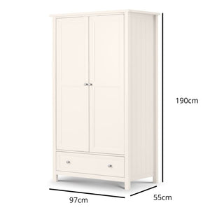 JULIAN BOWEN MAINE Surf White Wardrobe with 2 doors and 1 drawer, featuring a surf white lacquered finish and classic panel detailing. Ideal for bedroom storage and organization.