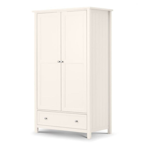 JULIAN BOWEN MAINE Surf White Wardrobe with 2 doors and 1 drawer, featuring a surf white lacquered finish and classic panel detailing. Ideal for bedroom storage and organization.