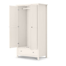 JULIAN BOWEN MAINE Surf White Wardrobe with 2 doors and 1 drawer, featuring a surf white lacquered finish and classic panel detailing. Ideal for bedroom storage and organization.