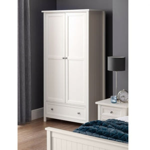 JULIAN BOWEN MAINE Surf White Wardrobe with 2 doors and 1 drawer, featuring a surf white lacquered finish and classic panel detailing. Ideal for bedroom storage and organization.