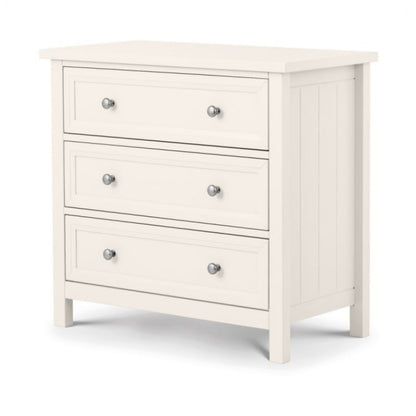 JULIAN BOWEN MAINE Surf White Bedroom 3 Drawer Chest of Drawers with pewter handles and a classic design, ideal for bedroom storage.