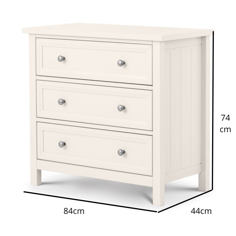 JULIAN BOWEN MAINE Surf White Bedroom 3 Drawer Chest of Drawers with pewter handles and a classic design, ideal for bedroom storage.