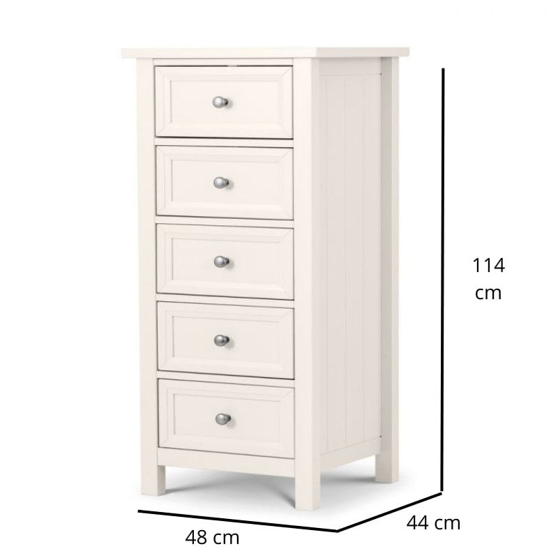 JULIAN BOWEN MAINE Surf White Tallboy 5 Drawer Chest of Drawers featuring a sleek surf white finish, five spacious drawers, and a classic design for bedroom storage.