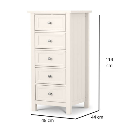 JULIAN BOWEN MAINE Surf White Tallboy 5 Drawer Chest of Drawers featuring a sleek surf white finish, five spacious drawers, and a classic design for bedroom storage.