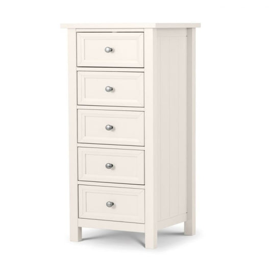 JULIAN BOWEN MAINE Surf White Tallboy 5 Drawer Chest of Drawers featuring a sleek surf white finish, five spacious drawers, and a classic design for bedroom storage.