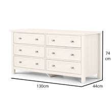 JULIAN BOWEN MAINE wide white bedroom dresser with 6 drawers, featuring a surf white finish and stylish pewter handles. Ideal for bedroom storage and decor.