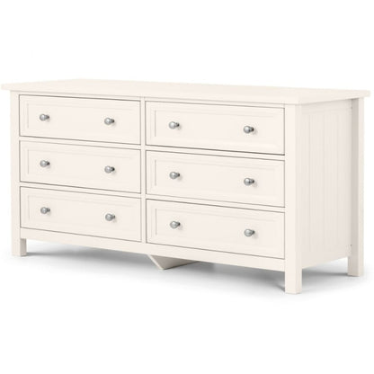 JULIAN BOWEN MAINE wide white bedroom dresser with 6 drawers, featuring a surf white finish and stylish pewter handles. Ideal for bedroom storage and decor.