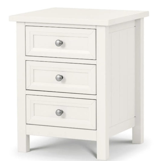 JULIAN BOWEN MAINE Surf White Bedside Cabinet w/ 3 Drawers featuring a panelled design and pewter handles. Ideal for bedroom storage.