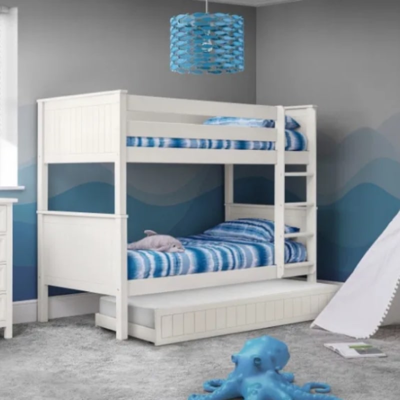 JULIAN BOWEN MAINE Surf White Bunk Bed for Kids with Scandinavian design, featuring a sturdy wooden frame and ladder, ideal for a kids' bedroom.