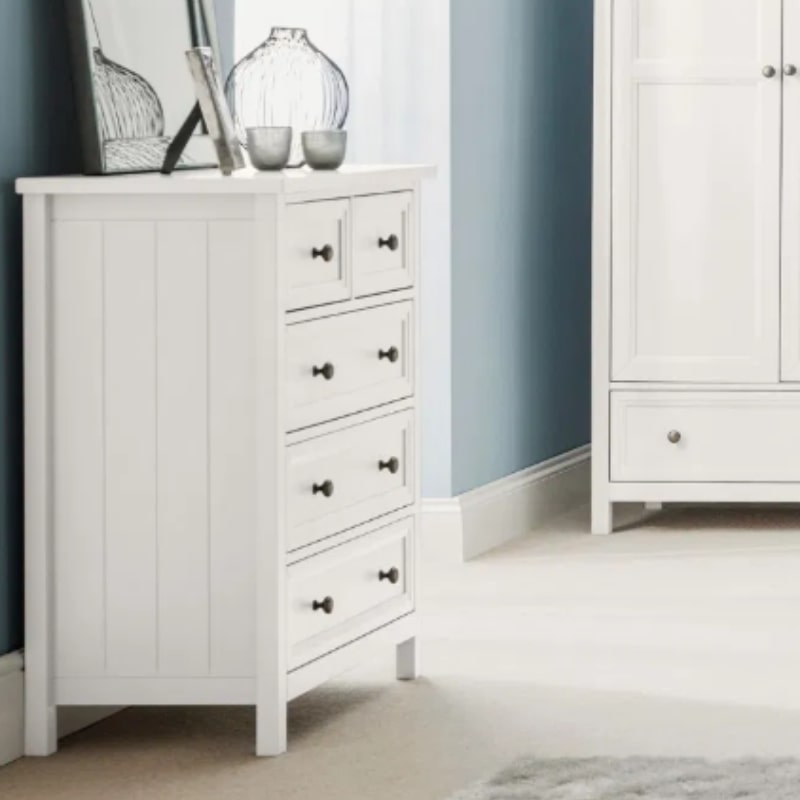 JULIAN BOWEN MAINE Surf White Bedroom Dresser with 3+2 drawers, featuring a classic design with surf white finish and silver knobs. Ideal for bedroom storage.