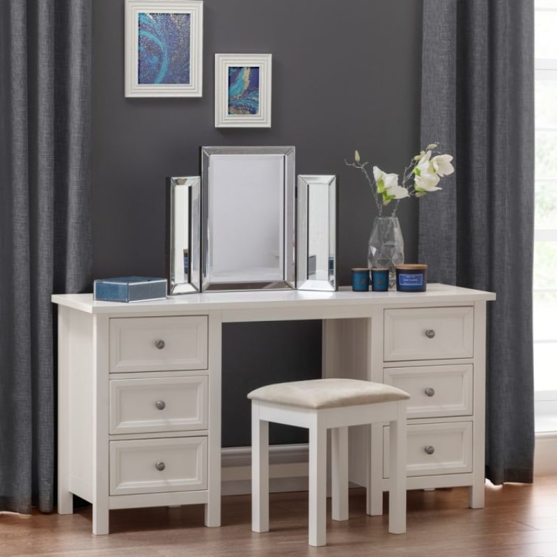 JULIAN BOWEN MAINE Surf White Dressing Table with drawers, featuring a sleek design, matching stool, and tri-fold mirror. Perfect for stylish bedroom storage and vanity needs.