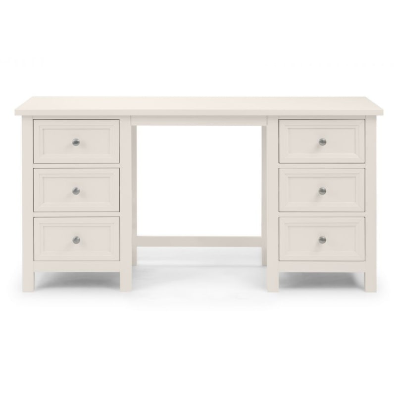 JULIAN BOWEN MAINE Surf White Dressing Table with drawers, featuring a sleek design, matching stool, and tri-fold mirror. Perfect for stylish bedroom storage and vanity needs.